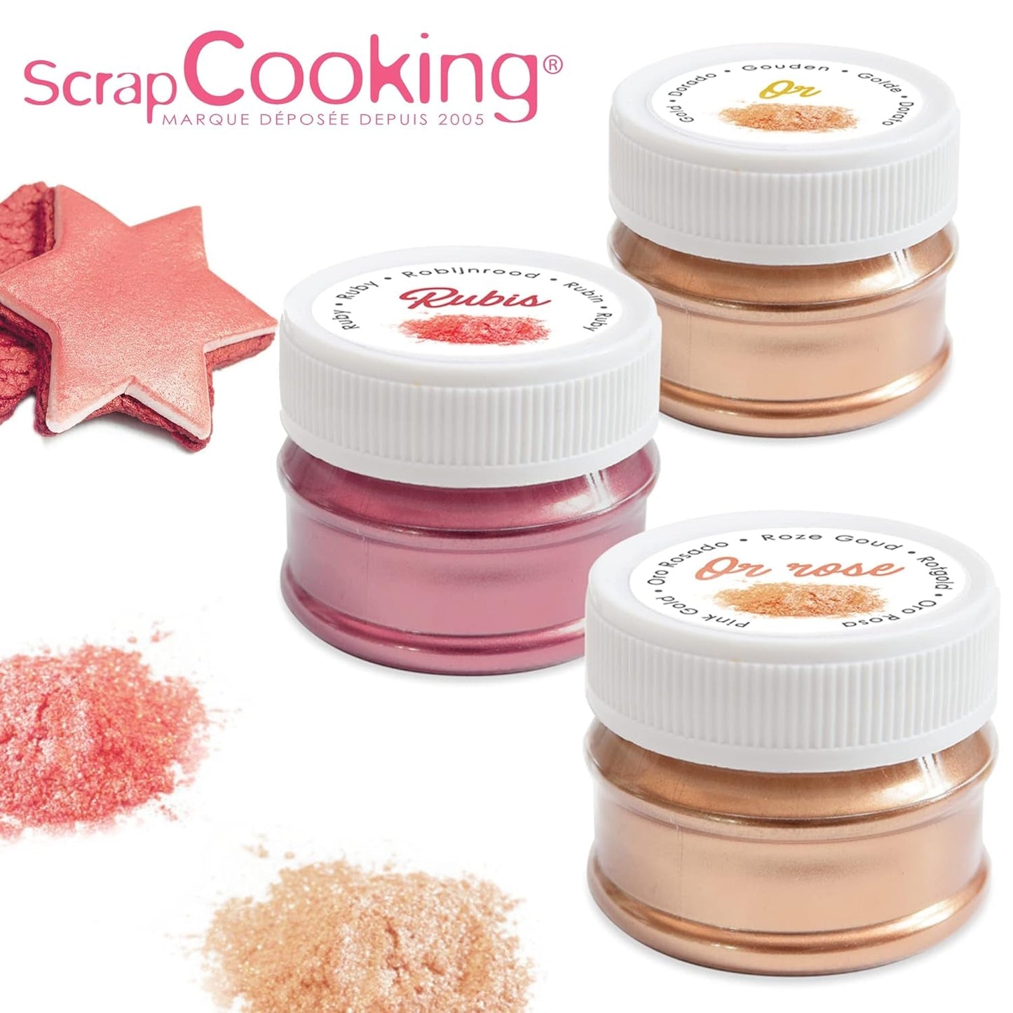 Scrapcooking - Sæt med 3 metallisk madfarve - Madfarve: guld, rosaguld og rubin - spiselig madfarve til bagning, kager, småkager, kager, chokolade - 4019