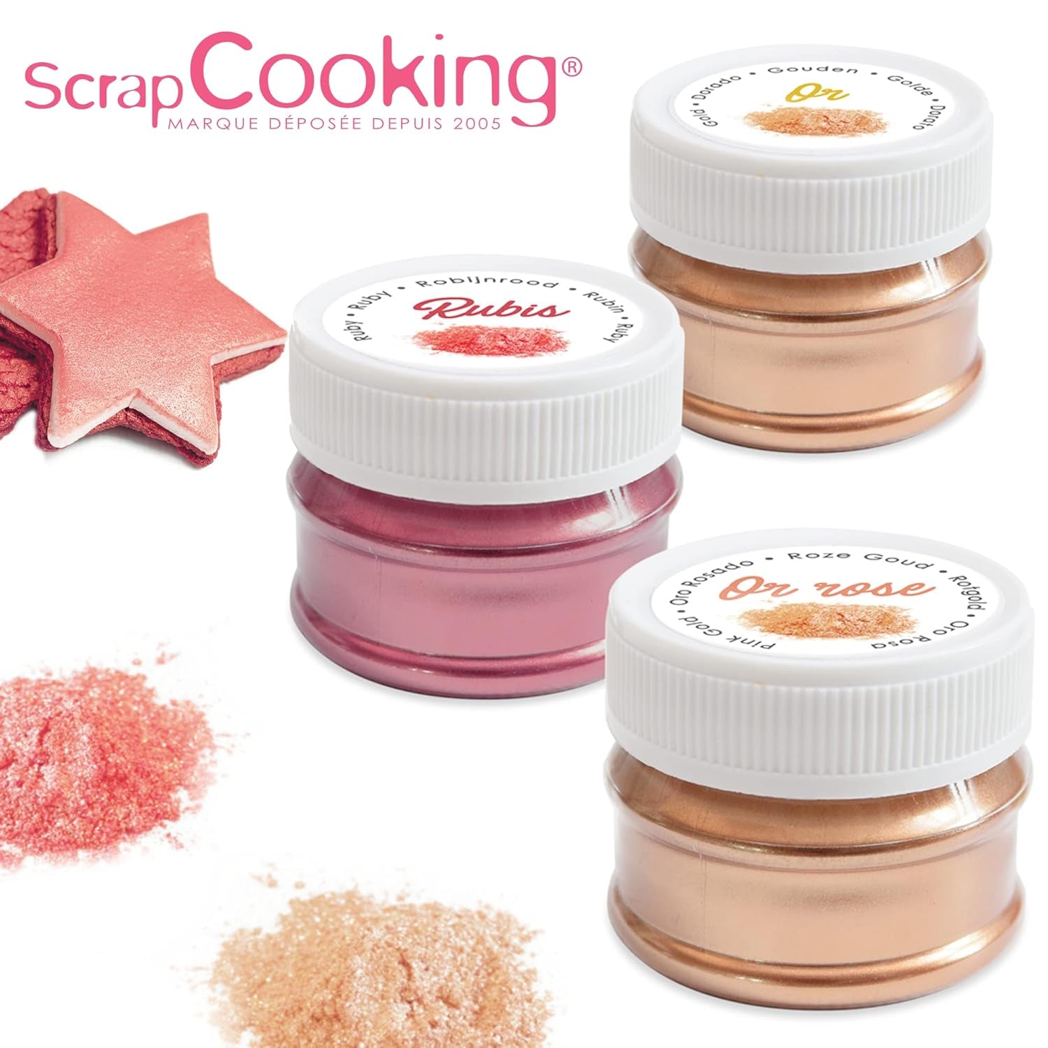Scrapcooking - Sæt med 3 metallisk madfarve - Madfarve: guld, rosaguld og rubin - spiselig madfarve til bagning, kager, småkager, kager, chokolade - 4019