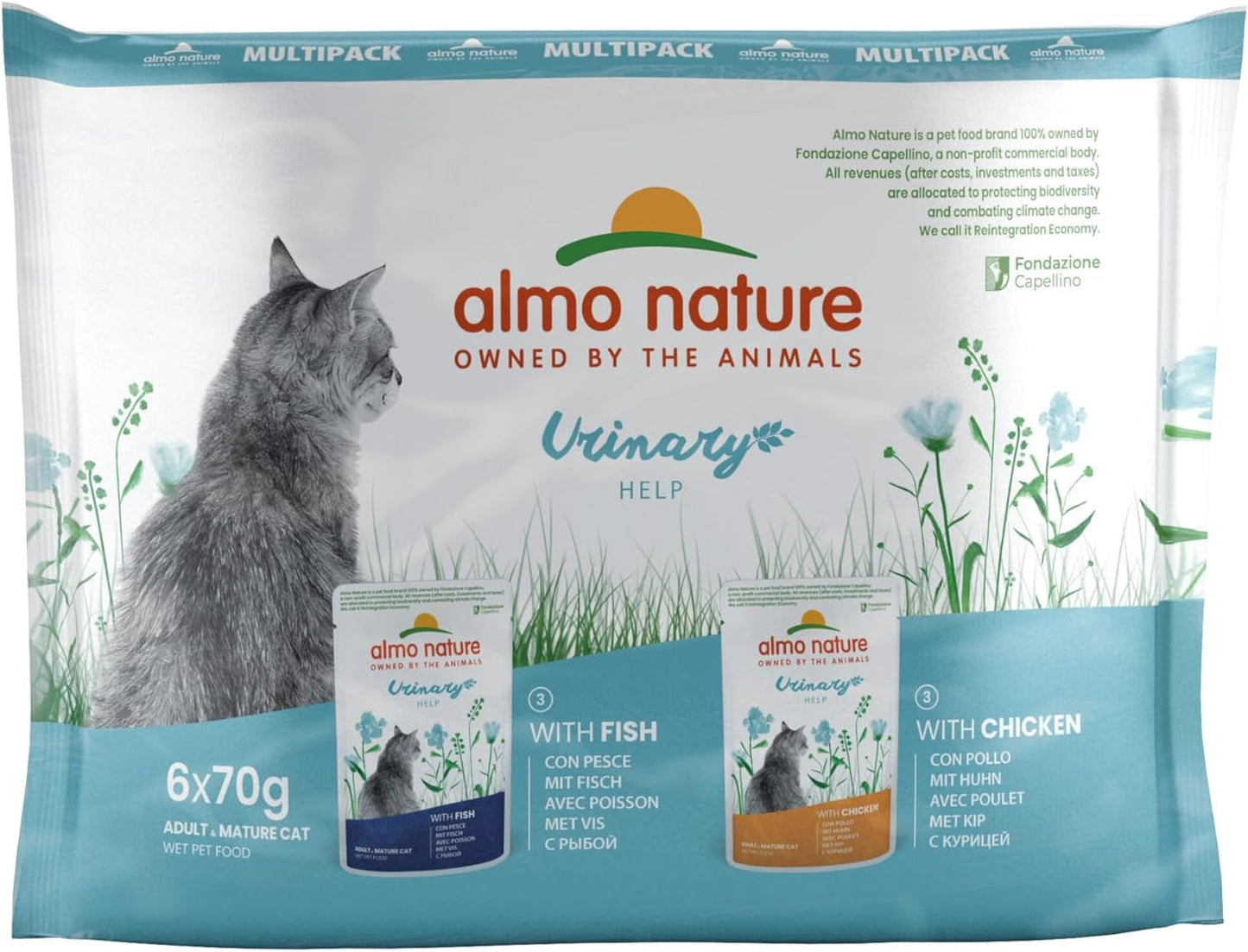 Almo Nature Functional Urinary Help - Vådfoder til voksne katte med smag af fisk og kylling - Understøtter urinvejssundheden - 6 poser á 70 g hver