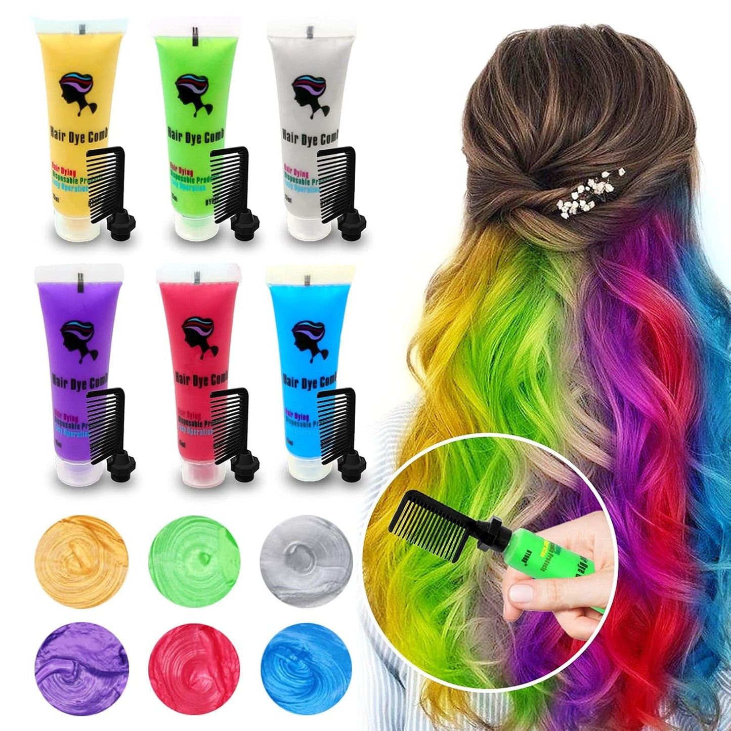Byhoo 6PCS Midlertidig hårfarve til sort hår, hårkridt, vaskbar hårfarve, gaveidé til piger, fødselsdagsgave til teenagere. Naty Shop 01 hårfarve