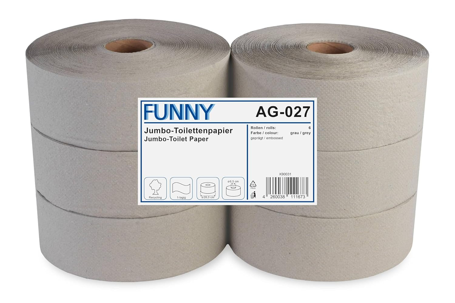 Funny AG-027 Jumbo toiletpapir, 1 lag, genanvendt, diameter 28 cm (pakke med 6)