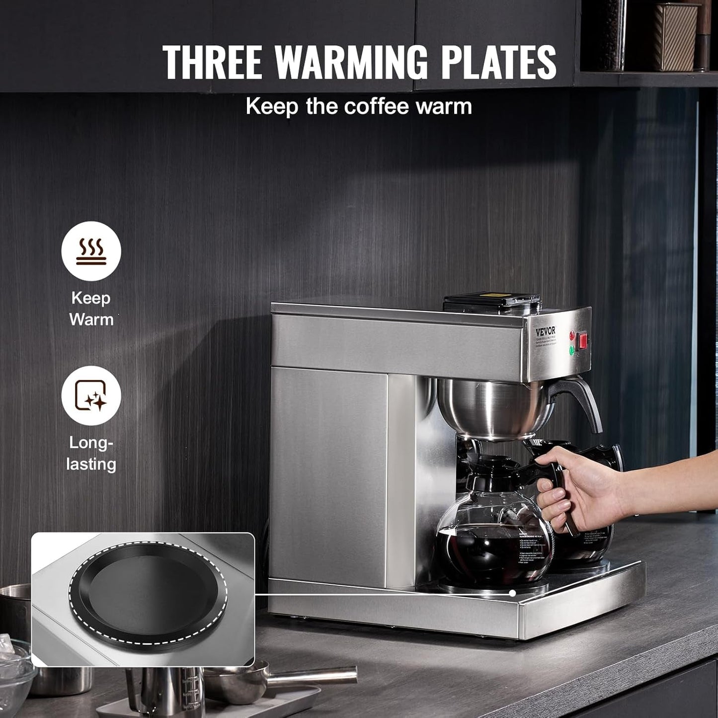VEVOR kommerciel espressomaskine med 12 kopper filter med 3 glaskander og 3 varmeplader Espressomaskine i rustfrit stål med automatisk vandforsyning til restaurantkontorkaffe