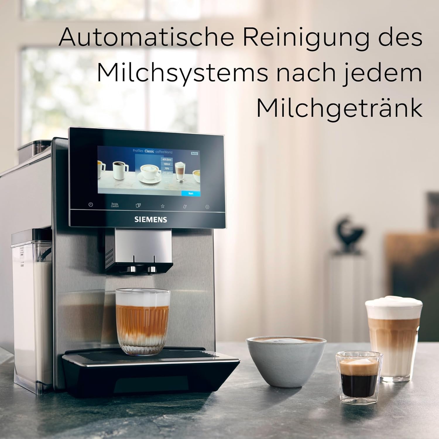 Siemens EQ900 automatisk espressomaskine, stor TFT-farveskærm, 2 bønnebeholdere, 36 varme og kolde drikke, kold kaffe, super støjsvag, to kopsfunktion, appkontrol, rustfrit stål, TQ907D03