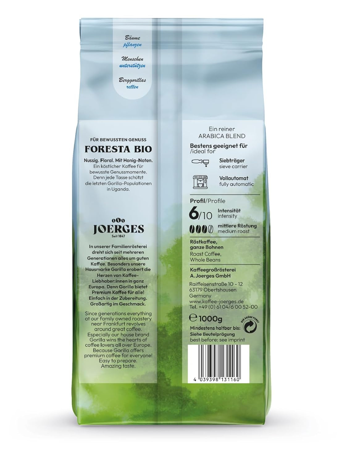 Joerges Foresta kaffe 1000g ristede hele bønner | Kvalitet Arabica blanding | Til portafilter og fuldautomatiske kaffemaskiner | Espresso