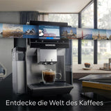 Siemens EQ700 fuldautomatisk espressomaskine, stor TFT-farveskærm, 36 varme og kolde drikke, koldbryg, 2 kops funktion, app kontrol, automatisk rengøringssystem, sort rustfrit stål, TQ717D03