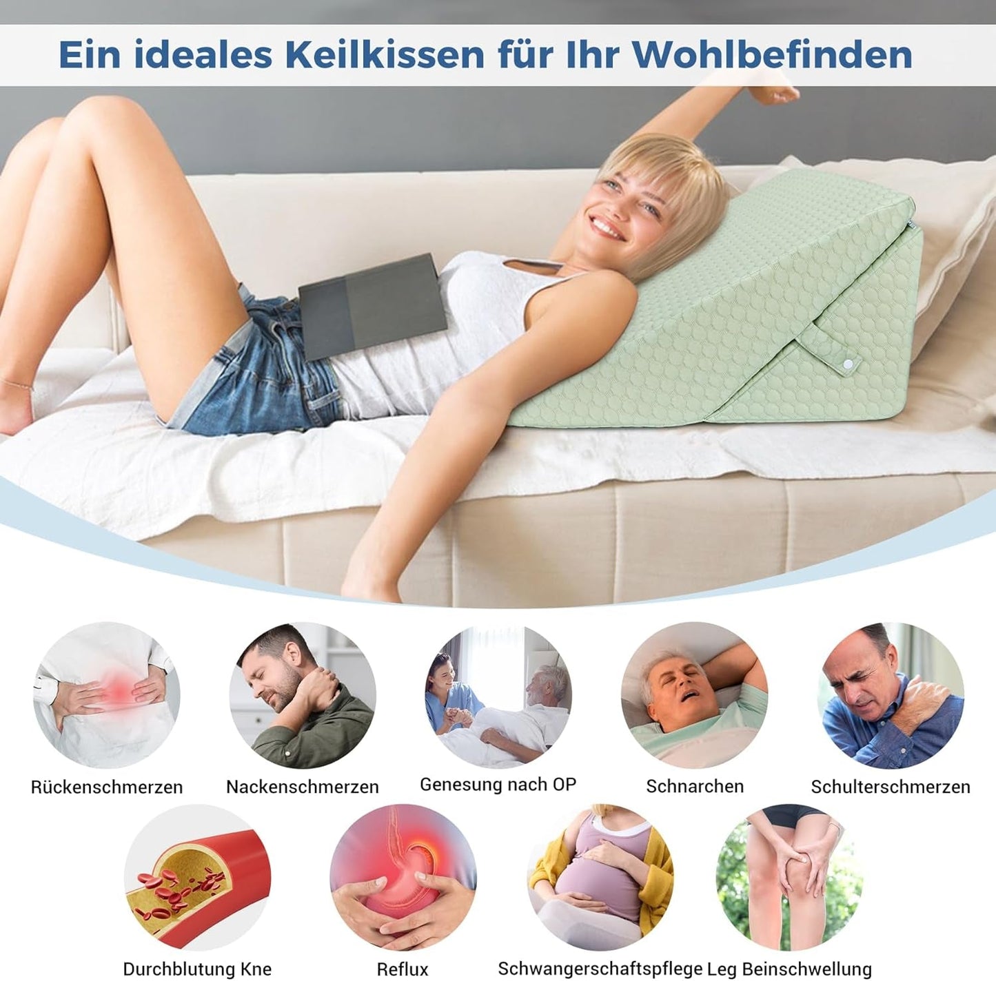 BØRN Justerbar kilepude, skumlæsepude med høj densitet til seng og sofa, ergonomisk seng med kilehovedpude til søvnrefluksapnø, benpude/rygpude til leg og læsning (grøn)
