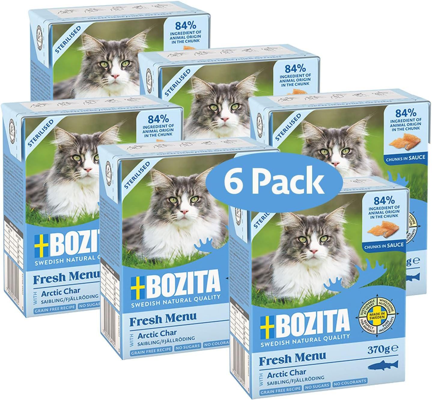 Bozita Tetra Steriliserede stykker i kulsauce - 6 x 370 g Kornfrit og sukkerfrit vådfoder til katte - ikke-GMO, med 8,5% protein og 4,5% fedt - høj kvalitet og yderst velsmagende