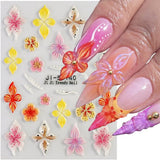JMEOWIO 3D Nagelsticker Farverig Flower Nail Art Sticker Selbstklebend Nagelaufkleber 5D Stereoskopisk Forår Sommer Blomsterdekoration Nageldesign Tilbehør 4 Blatt