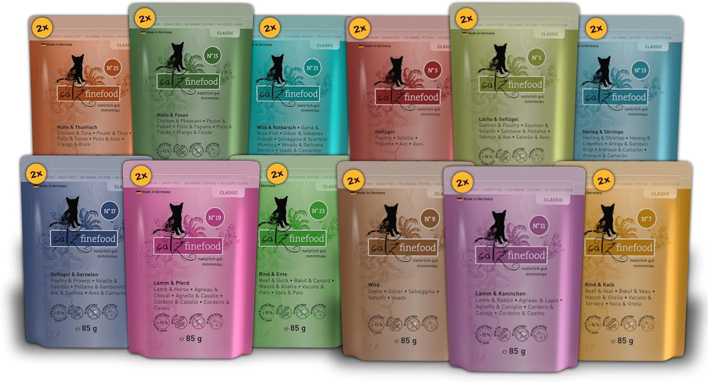 Catz Finefood Classic Collection Mixed Pack Wet Cat Food - Gourmet vådfoder til din kat, kornfri og sukkerfri, med højt kødindhold, 24 poser x 85g