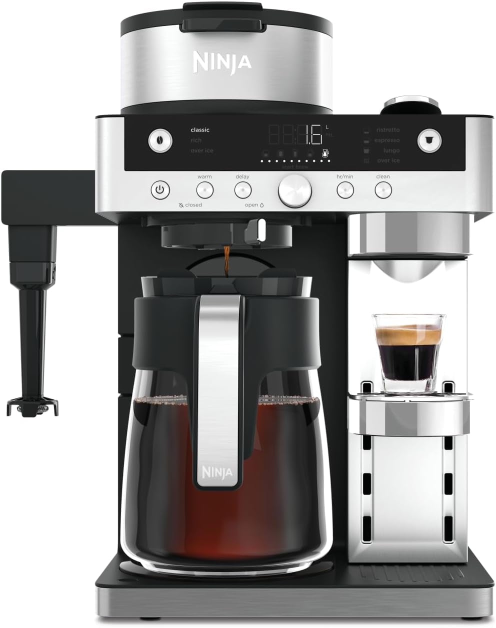 Ninja Prestige 2-i-1 filterkaffemaskine med kapsler og integreret mælkeskummer, til latte, iskaffe og flad hvid, sort CFN802EU