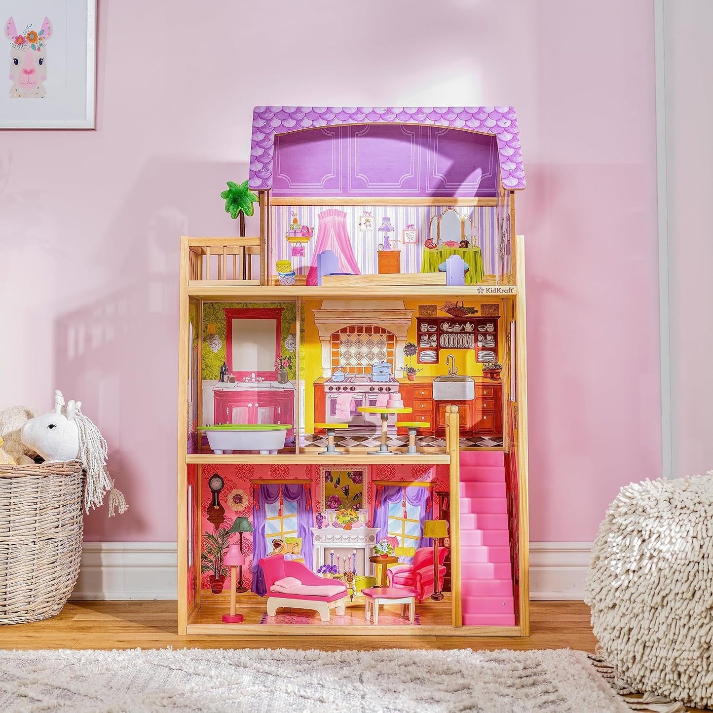 KidKraft Kayla trædukkehus med møbler og tilbehør, 3-lags legesæt til 30 cm dukke, legetøj fra 3 år og opefter, 65092 - eksklusivt på Amazon
