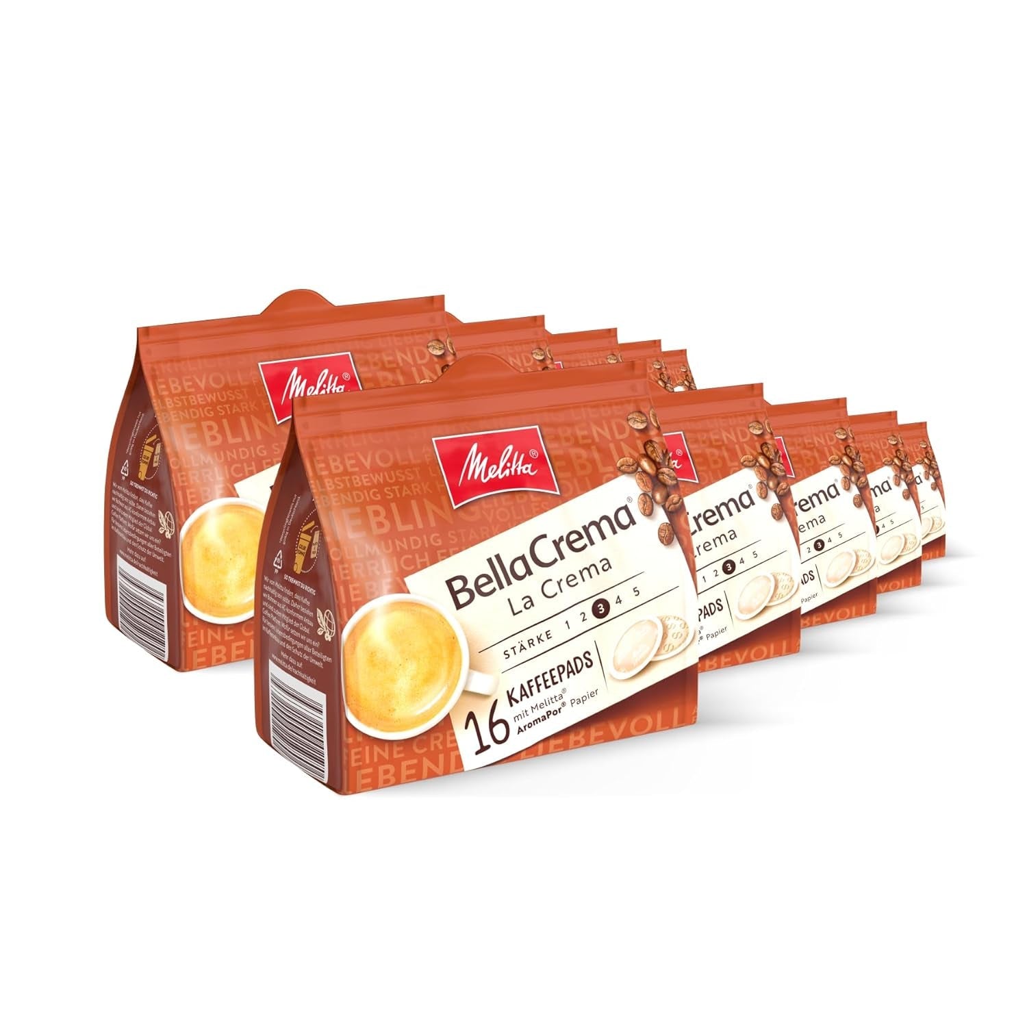 Melitta BellaCrema La Crema gemahlener Röstkaffee in Kaffee-Pads 10 x 16 Pads, Kaffeepads for Pad-Machine, medium Röstung, geröstet in Deutschland, Stärke 3, im Tray