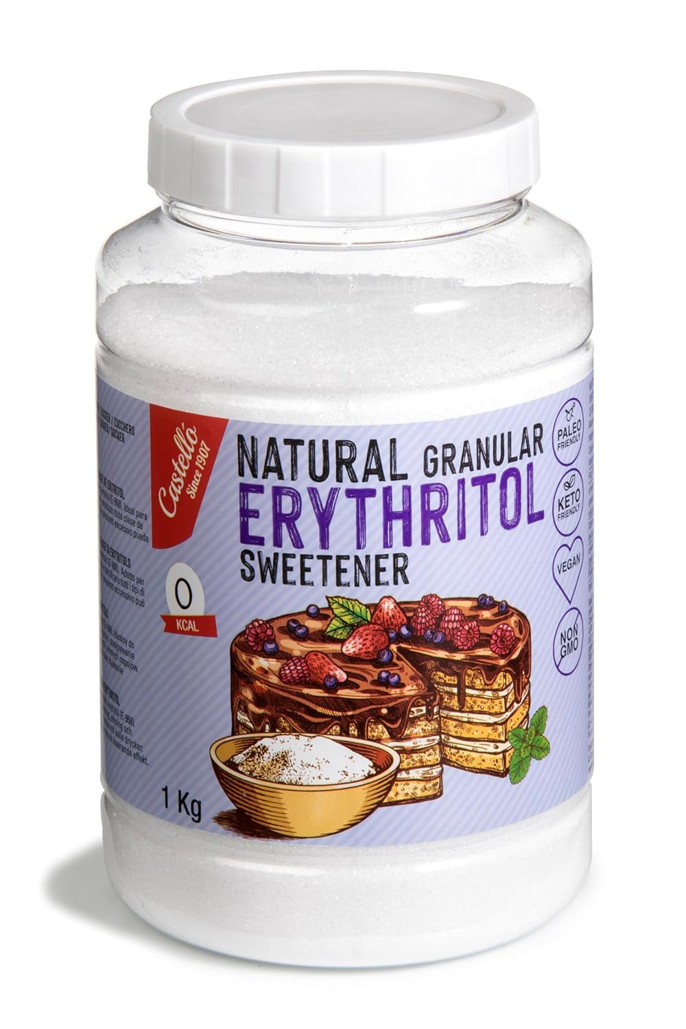 Natürliches Erythrit - Kristallzucker | 10G = 7G Zucker | Natürlicher Zuckerersatz - 0 Kalorien - 0 Glykämischer Index - Keto Und Paleo - 0 Netto-Kohlenhydrat - Kein GVO - Castello siden 1907-1Kg Sødemidler Naty Shop 1 Kg (1Er Pack)