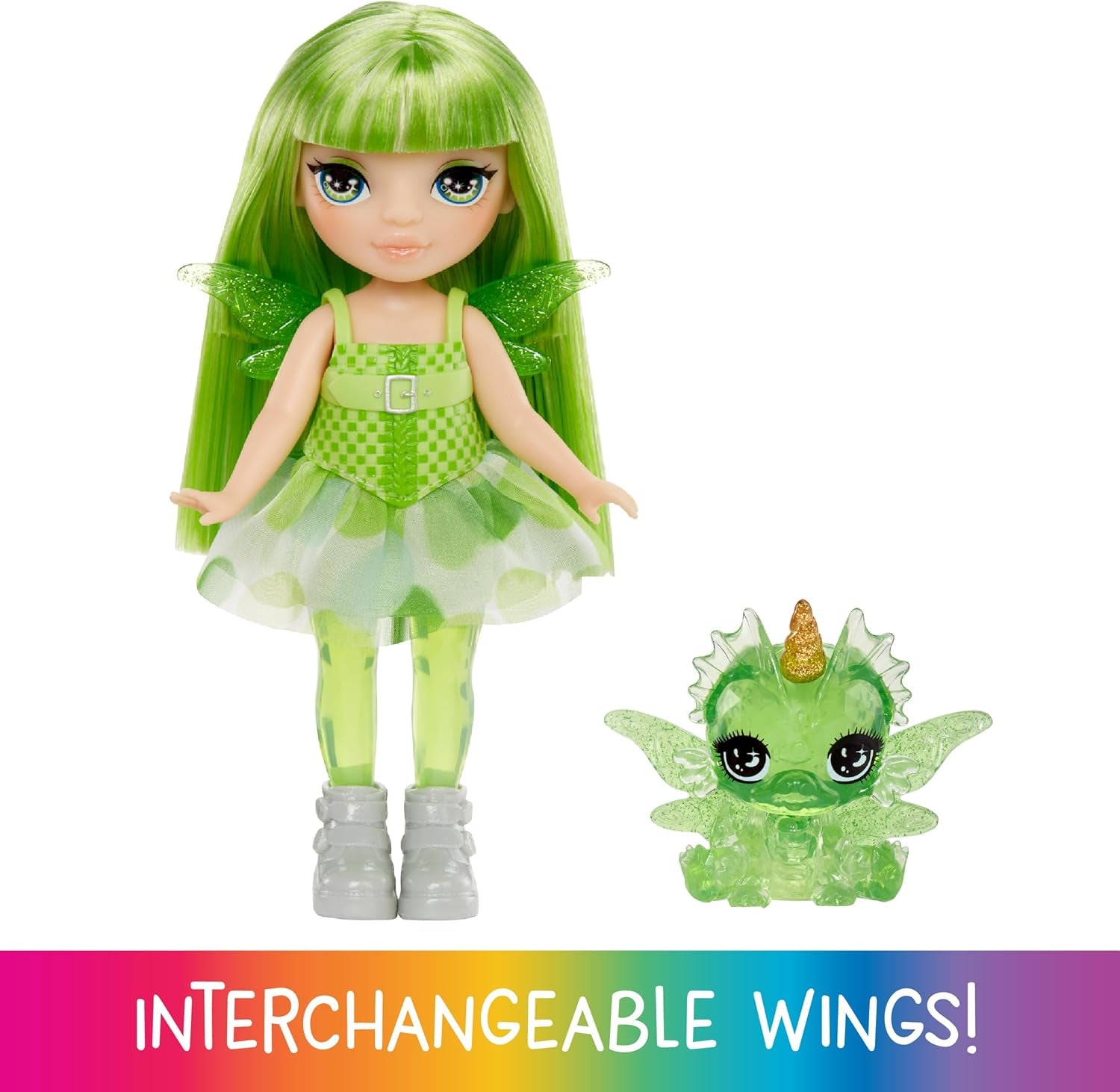 Rainbow High Littles Rainbow Fantasy Fairy and Pet - Emerald, Green - 14 cm artikuleret lille Fantasy Dragon Dukke med udskiftelige Fairy Wings, sød gave til børn fra 4 år og opefter