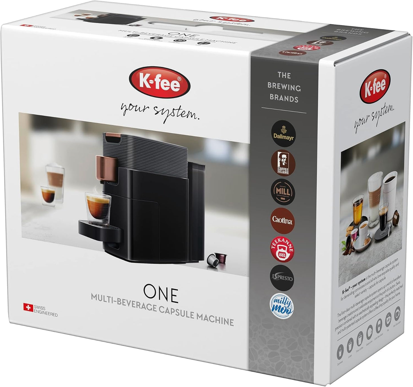 Espressomaskine med K-FEE ONE kapsler til kaffe, te og kakao | Kompakt espresso | Hurtig opvarmning | 0,8 l vandtank | 19 takter | Sort kobber | Stiftung Warentest 2023 testvinder