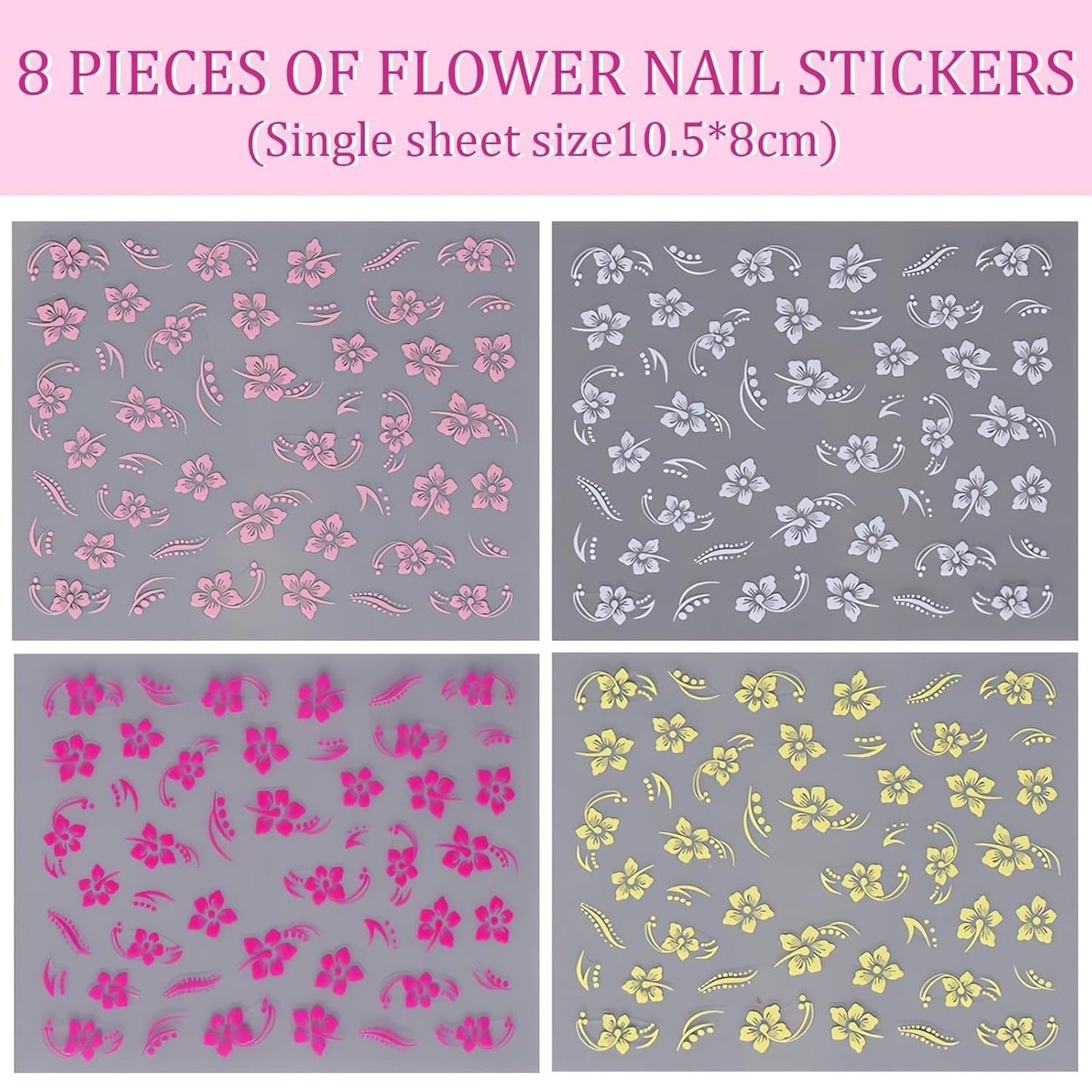 8 Stück Hibiskus Nagelsticker, 3D Selbstklebende Blumen Nagelaufkleber, Weiß Rosa Gelb Magenta Sommer Neonail Sticker, Nail Art Tilbehør Nagel Deko Für Frauen
