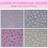 8 Stück Hibiskus Nagelsticker, 3D Selbstklebende Blumen Nagelaufkleber, Weiß Rosa Gelb Magenta Sommer Neonail Sticker, Nail Art Tilbehør Nagel Deko Für Frauen