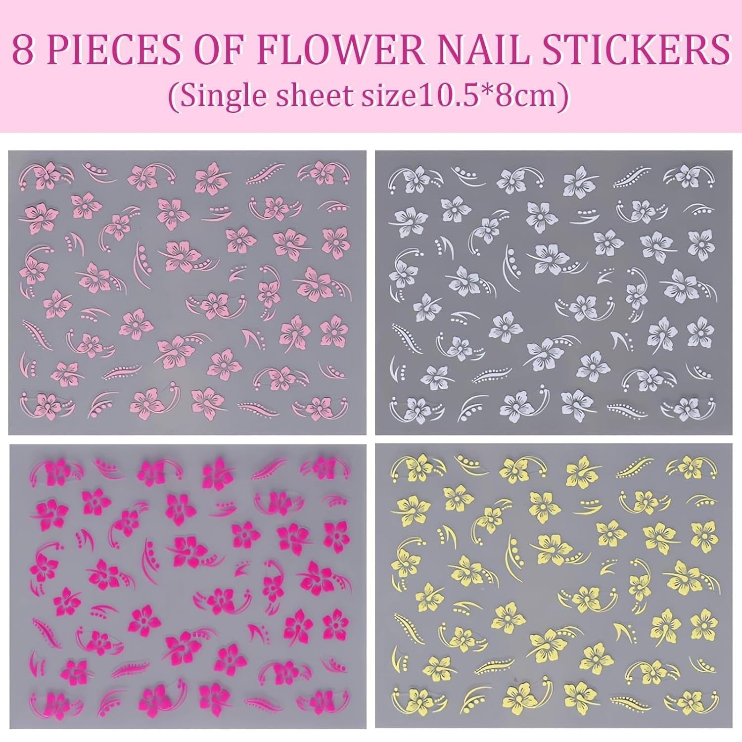 8 Stück Hibiskus Nagelsticker, 3D Selbstklebende Blumen Nagelaufkleber, Weiß Rosa Gelb Magenta Sommer Neonail Sticker, Nail Art Tilbehør Nagel Deko Für Frauen