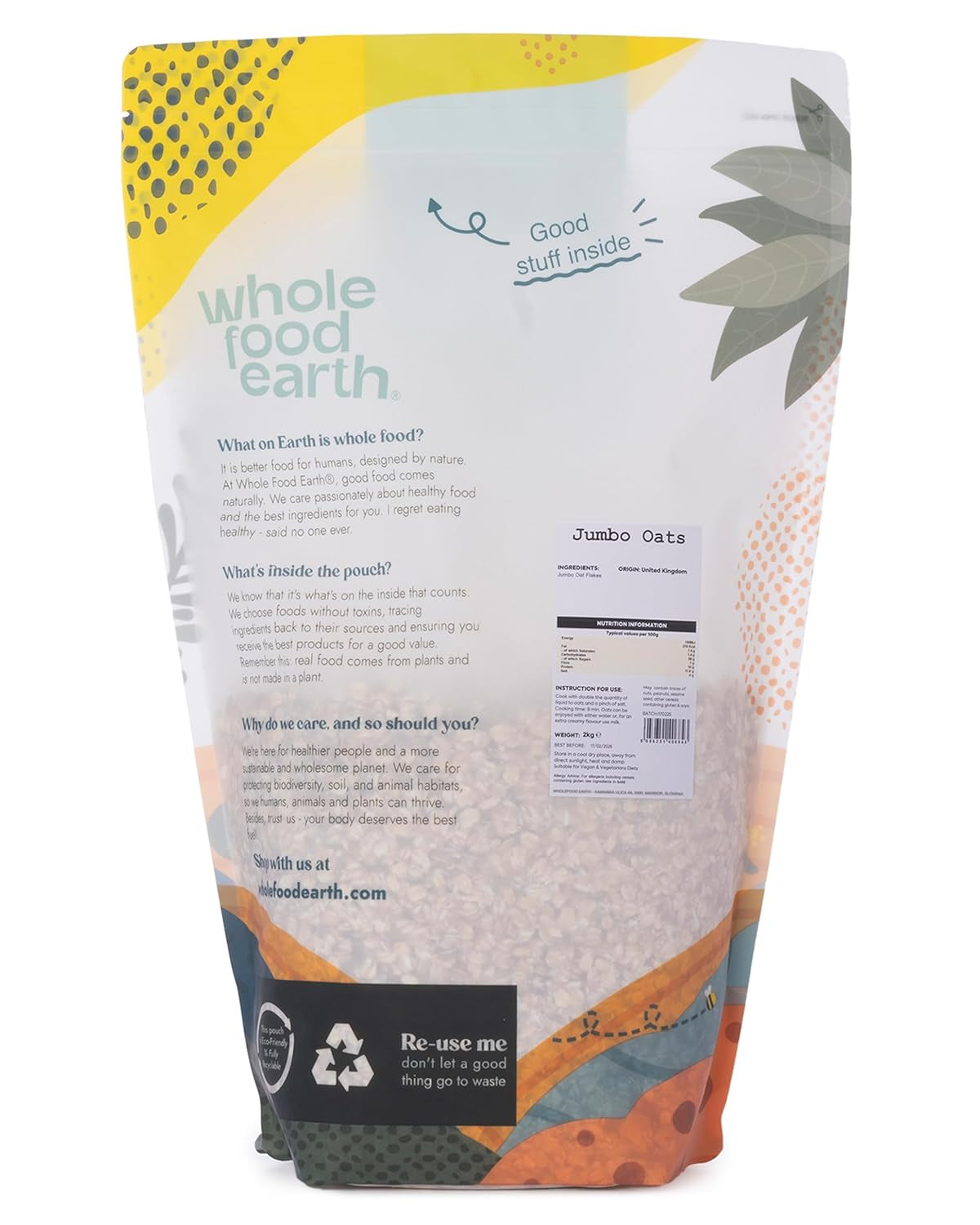 Wholefood Earth Jumbo Havregryn - GMO fri - vegansk - mælkefri - uden tilsat sukker 2 kg