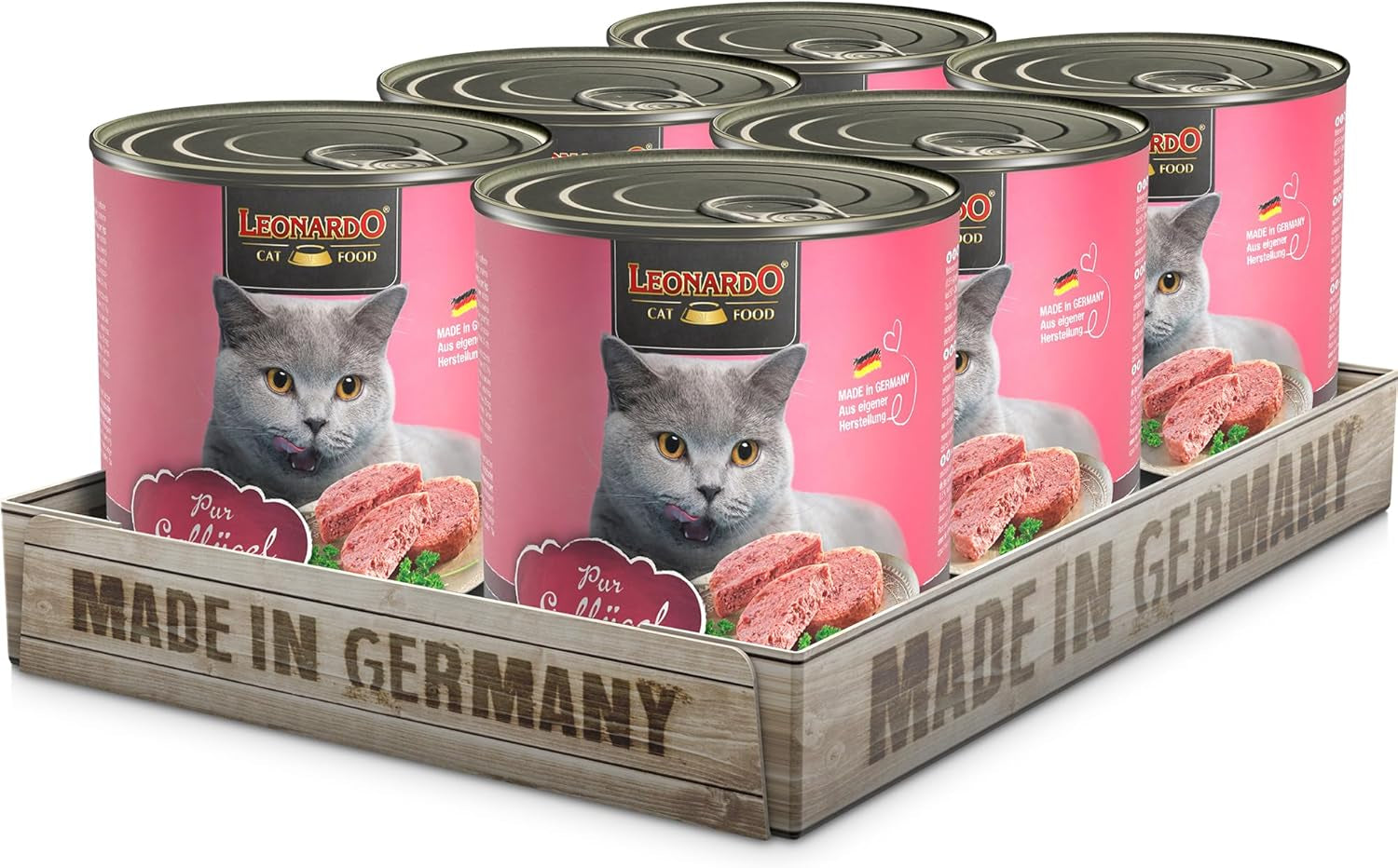 LEONARDO Nassfutter für Katzen, Geflügel pure, 6X 800g Dose, Katzenfutter getreidefrei, Alleinfutter, Made in Germany