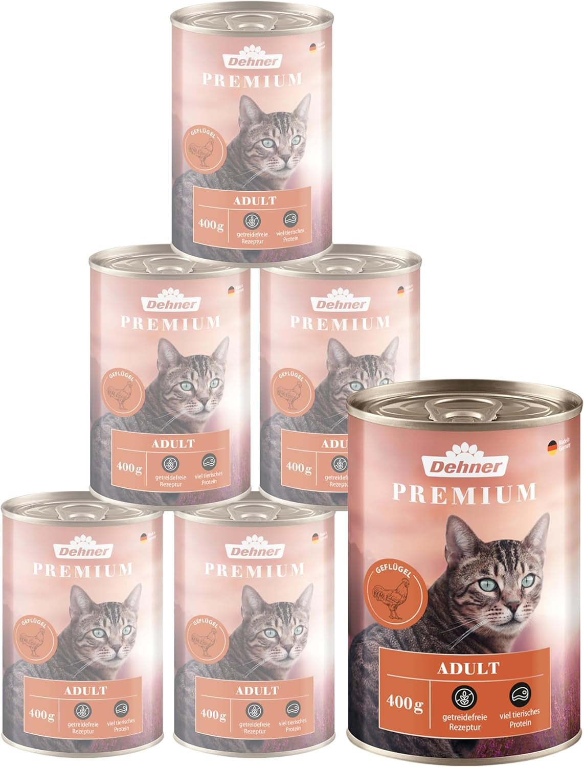 Dehner Premium våd kattefoder, kornfrit, til voksne katte, fjerkræ, 6 dåser á 400 g (2,4 kg)