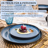 SÄNGER Aruba | Stentøjsstel til 6, 6 middagstallerkener, 6 morgenmadstallerkener, 6 middagstallerkener, 6 pastaskåle, blå med sort kant | VÆRDIINDSAMLING