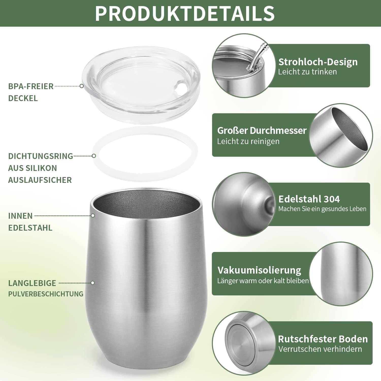 Moderne Mate-krus 340 ml, isoleret Yerba Mate-krussæt med dobbeltvæg i rustfrit stål, Mate-tekrus med BPA-frit låg, Bombillas og en rensebørste (sølv)