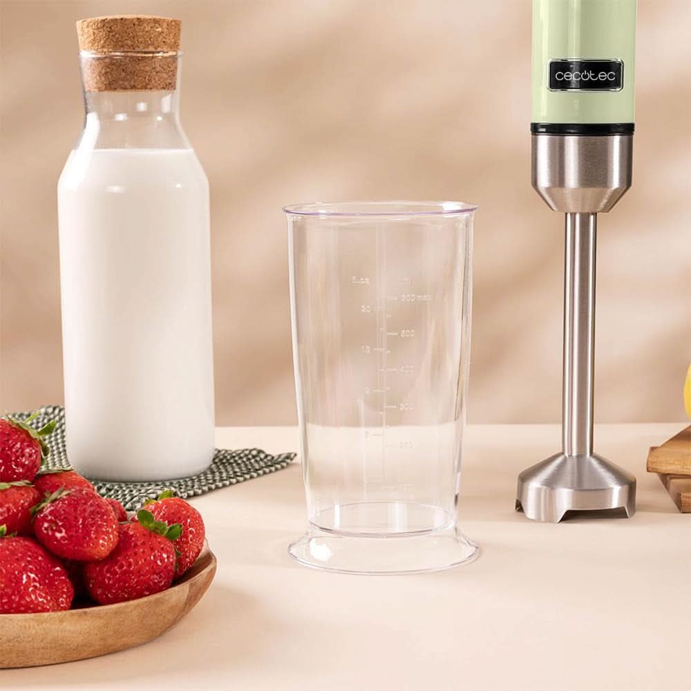 Cecotec Stabmixer Power Retrogreen 1200MAX Cream&Crush, Maximalleistung 1200 W, Crossblades-teknologi, 2 hastigheder, Zubehörset Spülmaschinenfest, Spritzschutzhaube Kitchen Naty Shop