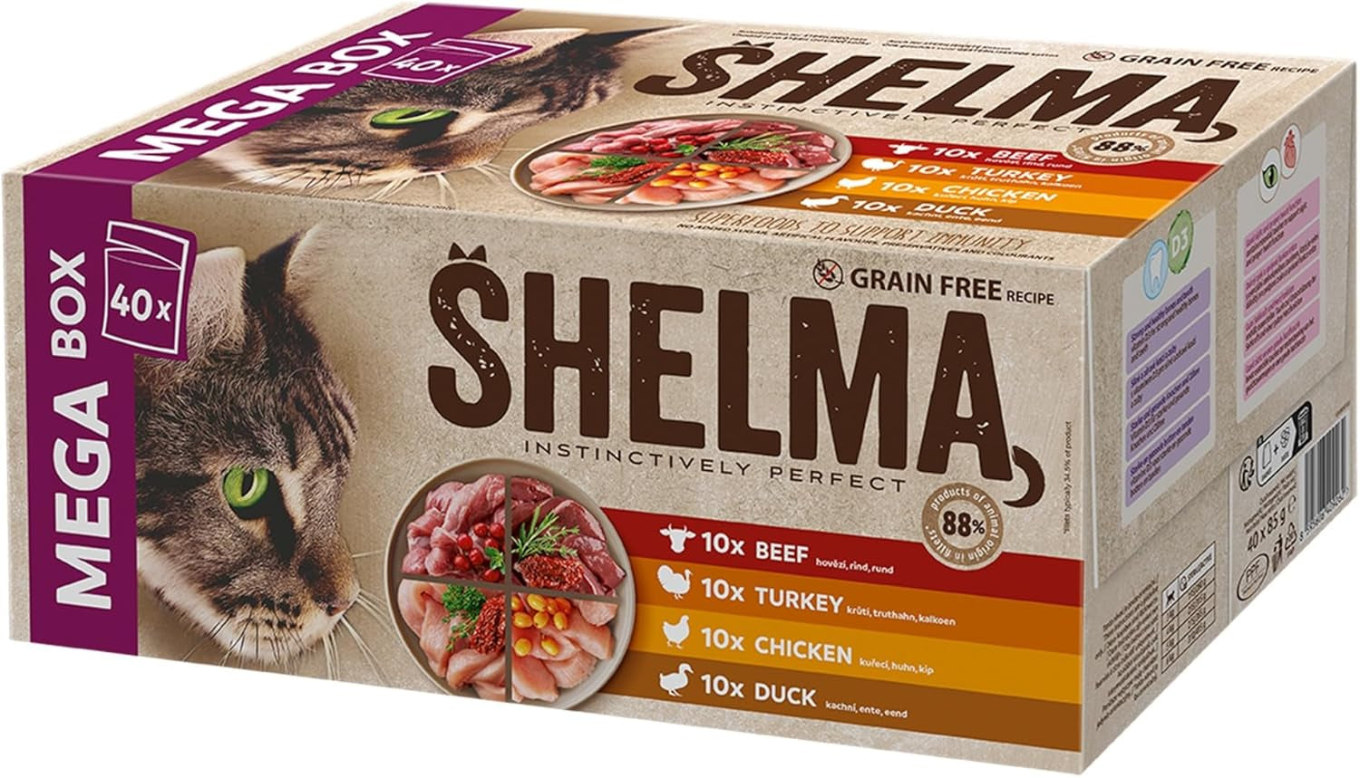 Shelma Våd kattefoder Megapack med oksekød, kalkun, kylling og and - Komplet kornfrit foder med højt kødindhold - 40 x 85 g (3,4 kg)