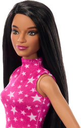 Barbie Fashionista dukke nr. 215 med glat sort hår, pink stjerneprint bluse og iriserende nederdel, 65-års jubilæums samlerobjekt modedukke, HRH13