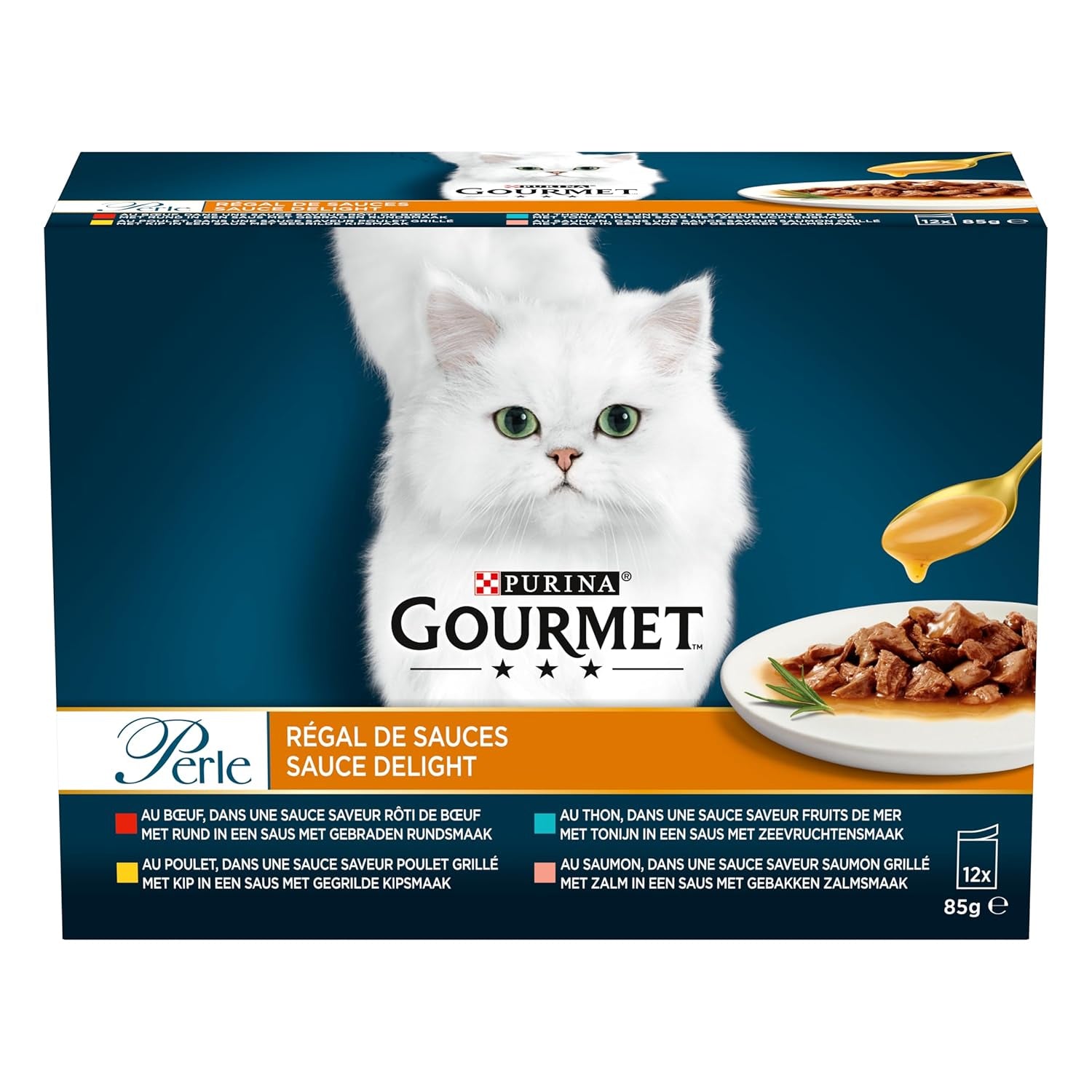 Perle | Sauceholder | Voksen kat | Oksekød, kylling, tun, laks | 12 x 85g | Friskhedsposer (emballagen kan variere)