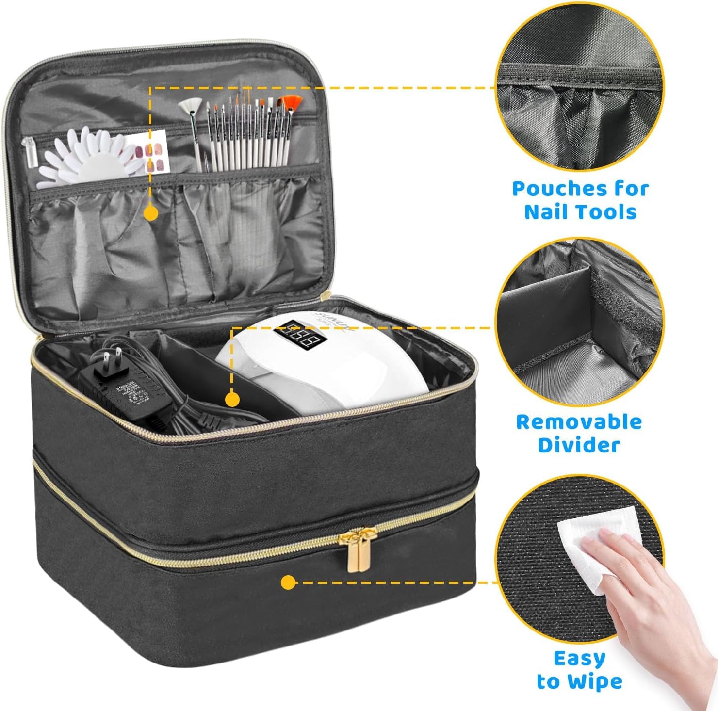 Nail Lacquer Organizer Tasche, Doppelschicht Nail Lacquer Opbevaringsboks, Organizer Koffer Für Nageldesign Kosmetiktasche Für 30 Flaschen Neonail Base(15Ml-0.5 Fl.Oz) & 1 Neglelampe(Schwarz)