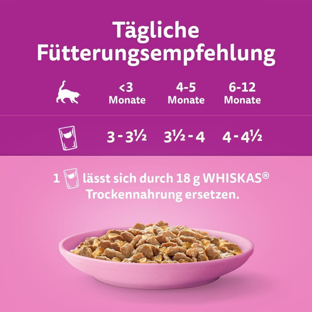 WHISKAS Junior vådfoderposer, multipakke, udvalg af fjerkrækød i gelé, 12 x 85 g