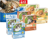 Prøvepakke Bozita Tetra i sauce med masser af kylling, trækul og masser af kylling og oksekød i gelé - 4+2-6x370g Kornfrit og sukkerfrit foder til steriliserede katte med 7,5% protein og 5% fedt