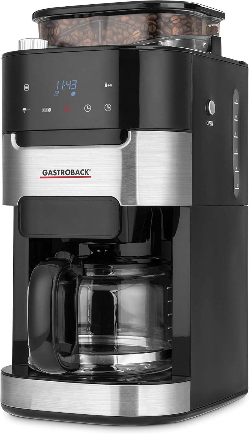 GASTROBACK 42711 Grind & Brew Pro kaffeespressomaskine, kaffeespressomaskine med integreret filter og kværn, konisk kværn med 8 slibeindstillinger, LCD-touchskærm, plastik