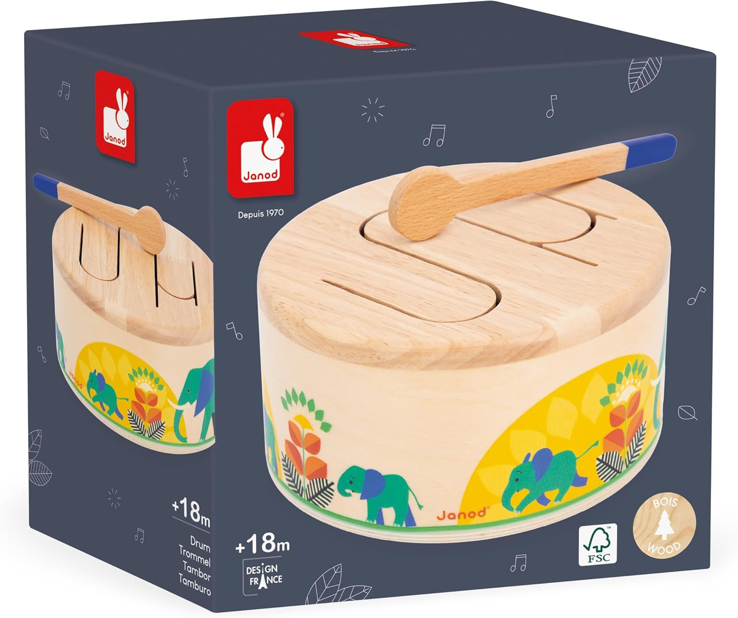 Janod - Gioia Tromme - FSC trætromme + tromme - Rollespil og tidlig musikalsk uddannelse - Akvarel - Fra 18 måneder, J07650 Bebe Toys Naty Shop