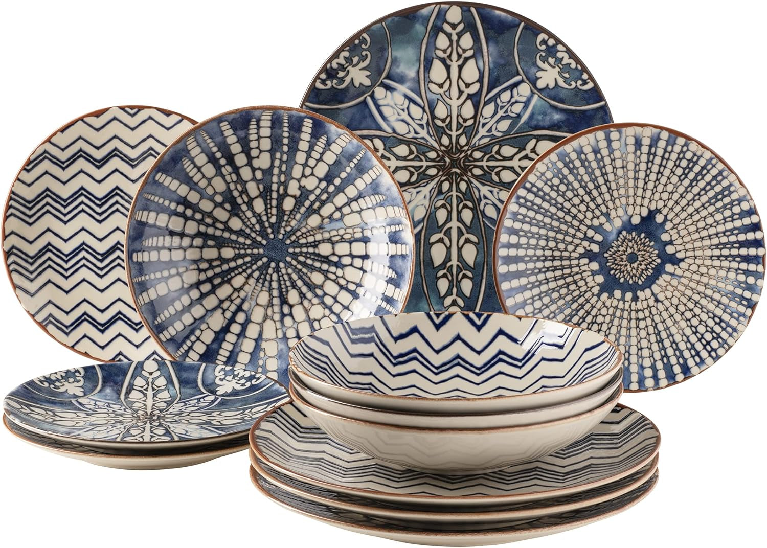 MÄSER 934017 Iberico Blue 4-personers middagssæt, 12 dele, maurisk stil, forskellige vintagedesigns i hvid og blå, keramik