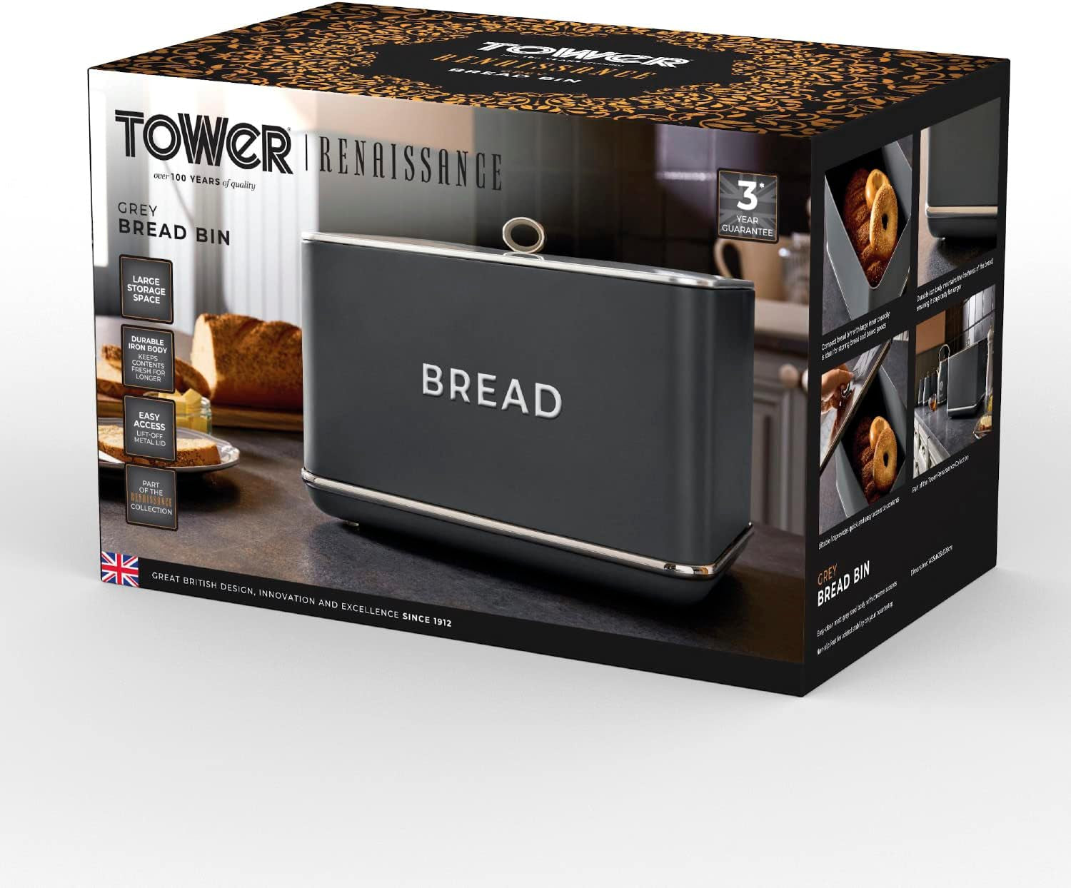 Tower T826175GRY Renaissance brødkurv, kapacitet 16 l, enkelt låg, grå Madkasser Naty Shop
