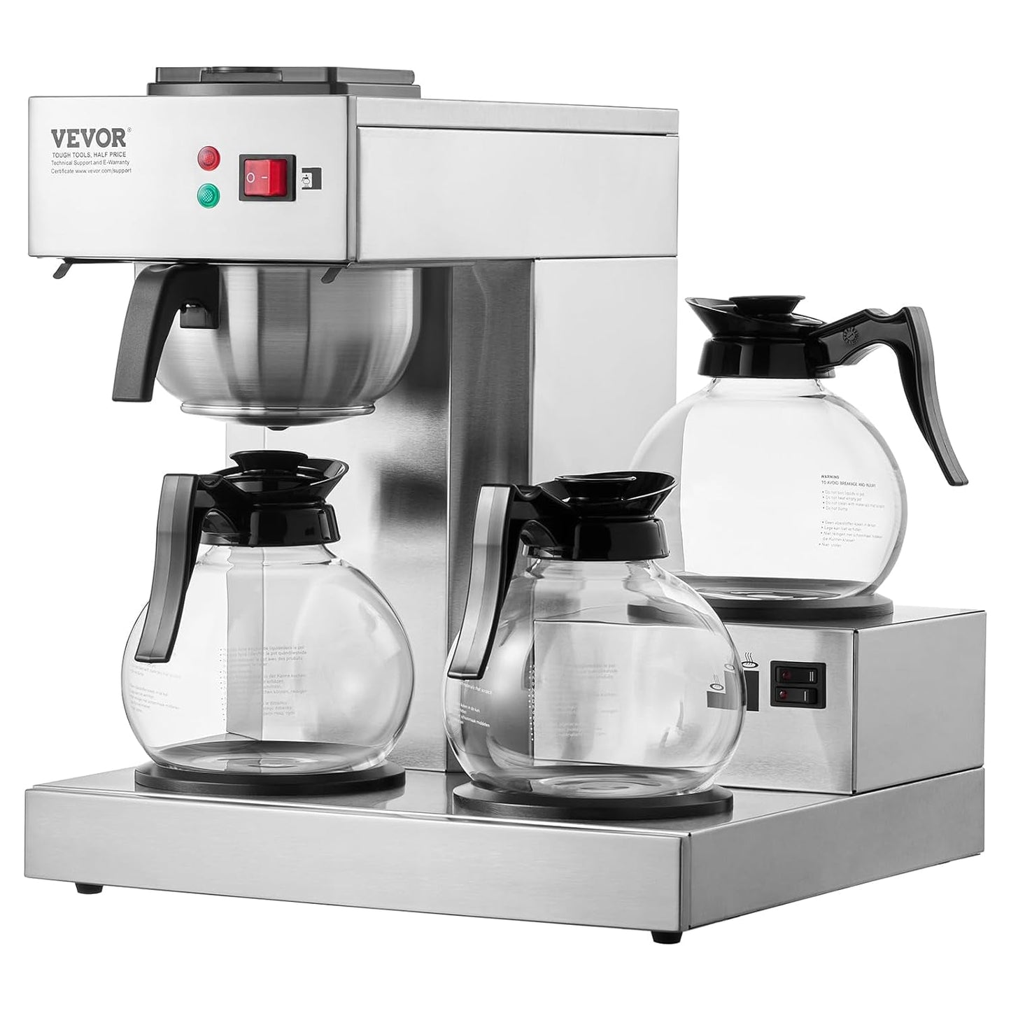 VEVOR kommerciel espressomaskine med 12 kopper filter med 3 glaskander og 3 varmeplader Espressomaskine i rustfrit stål med automatisk vandforsyning til restaurantkontorkaffe