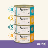 Applaws 100 % naturligt premium vådfoder til voksne katte i bouillon - tun, kylling, skaldyr, blandet udvalg i bouillon - pakke med 12 dåser x 70 g