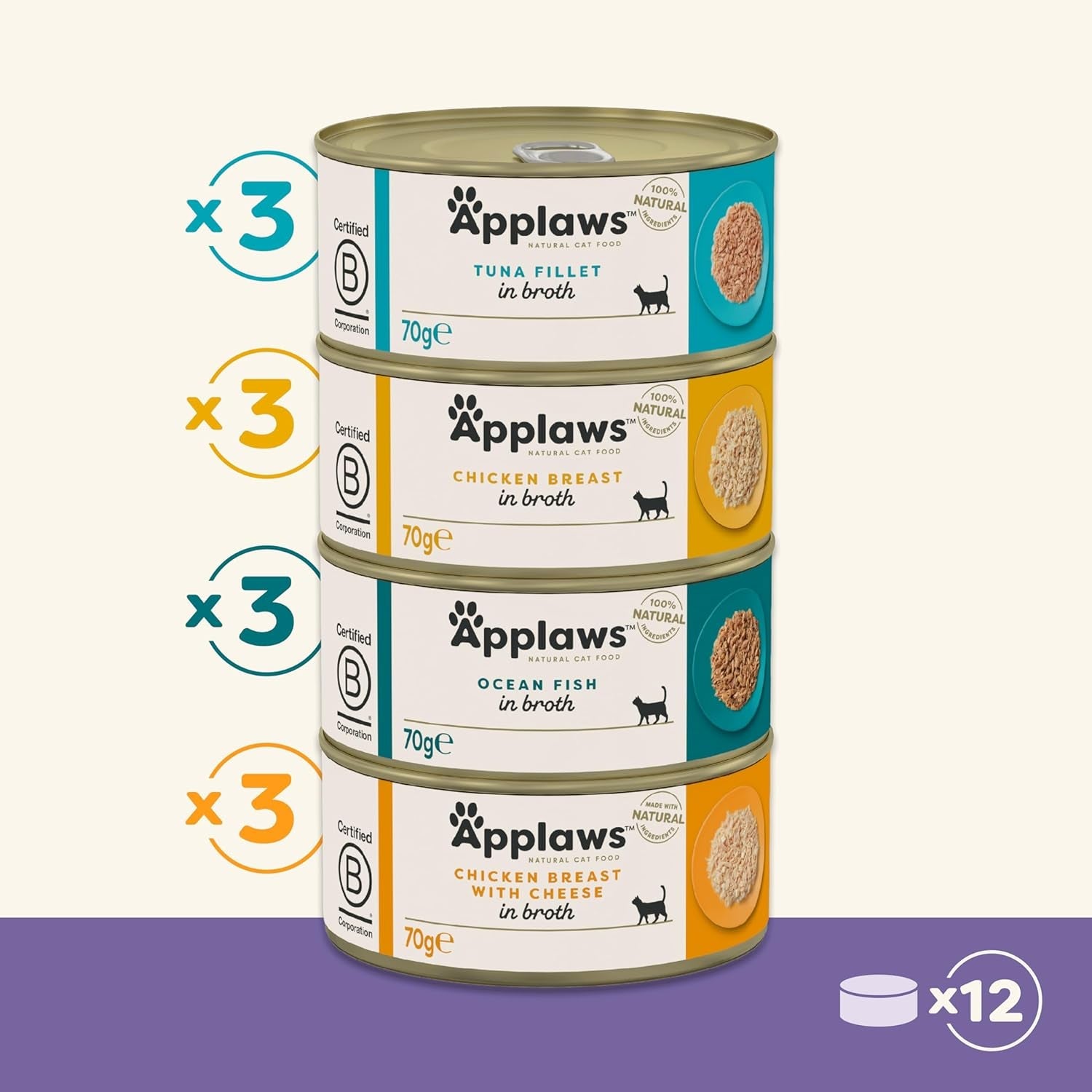 Applaws 100 % naturligt premium vådfoder til voksne katte i bouillon - tun, kylling, skaldyr, blandet udvalg i bouillon - pakke med 12 dåser x 70 g