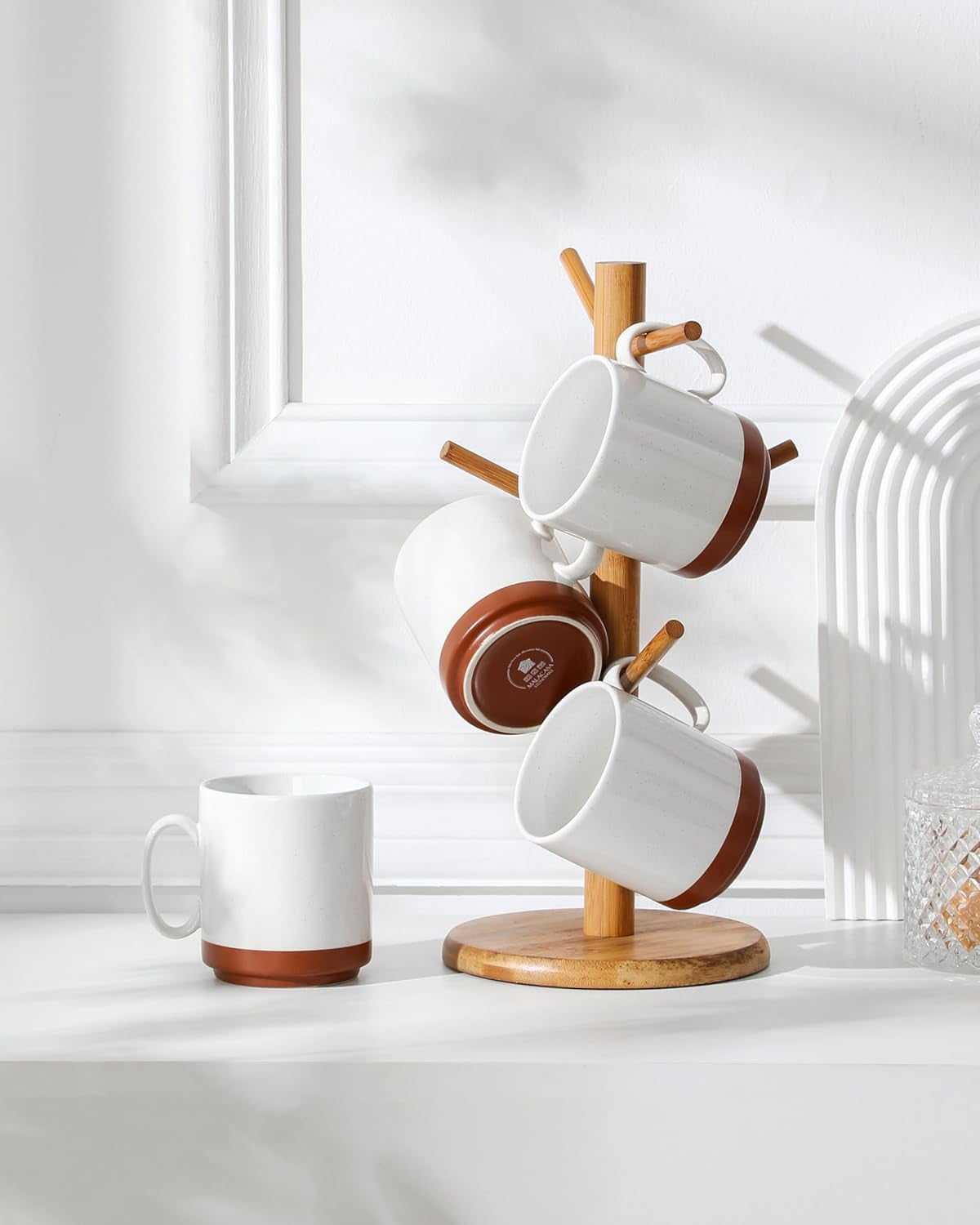 MALACASA kaffekrussæt, 350 ml krussæt i stentøj til 4 personer, moderne kaffekrus til te, juice, latte, cappuccino, varm chokolade. Tåler opvaskemaskine og mikroovn, TARA-serien, khaki hvid
