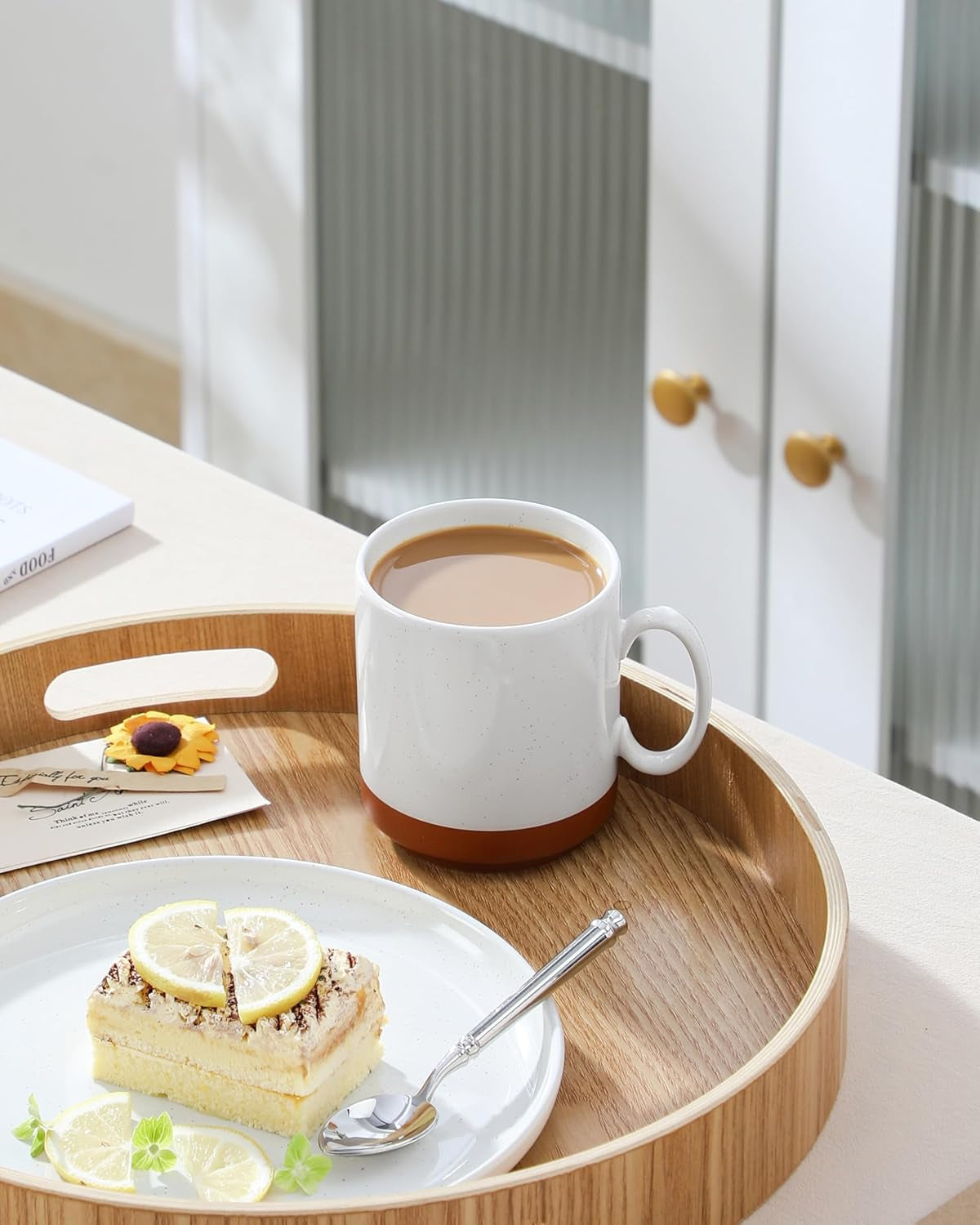 MALACASA kaffekrussæt, 350 ml krussæt i stentøj til 4 personer, moderne kaffekrus til te, juice, latte, cappuccino, varm chokolade. Tåler opvaskemaskine og mikroovn, TARA-serien, khaki hvid