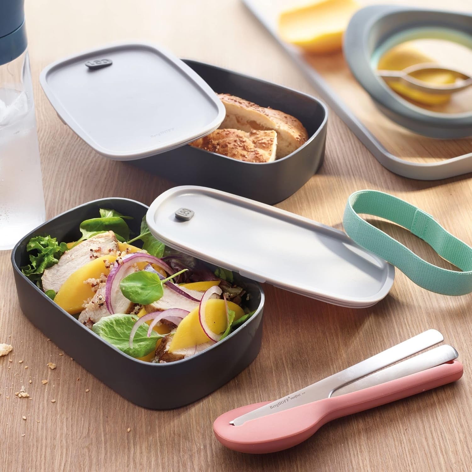 BergHoff dobbelt bento-boks - Leo (madkassesæt 19x12,5x9 cm, to kasser, mikroovnsikker, lufttæt forsegling, opvaskemaskine-tål, ideel til snacks / snacks / salat) 3950126 Madopbevaringsbokse Naty Shop
