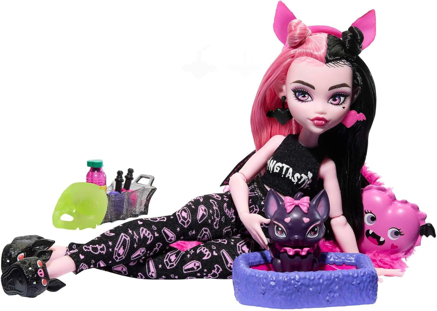 MONSTER HIGH Dukke og pyjamas Festtilbehør Draculaura Bat Count Fabelagtig dukke Pet Creepover Party HPY66 Naty Shop Dolls