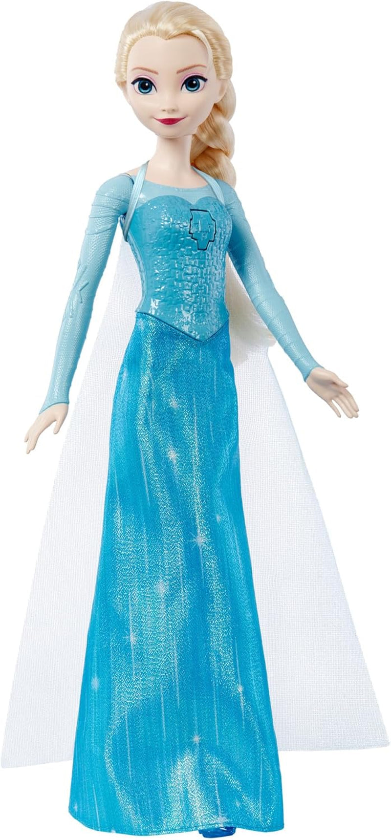 Mattel Toys Disney Frozen Elsa Singing Doll i ikonisk outfit, synger "Let It Go" fra Disney-filmen på engelsk, fransk, tysk, italiensk, JDL58