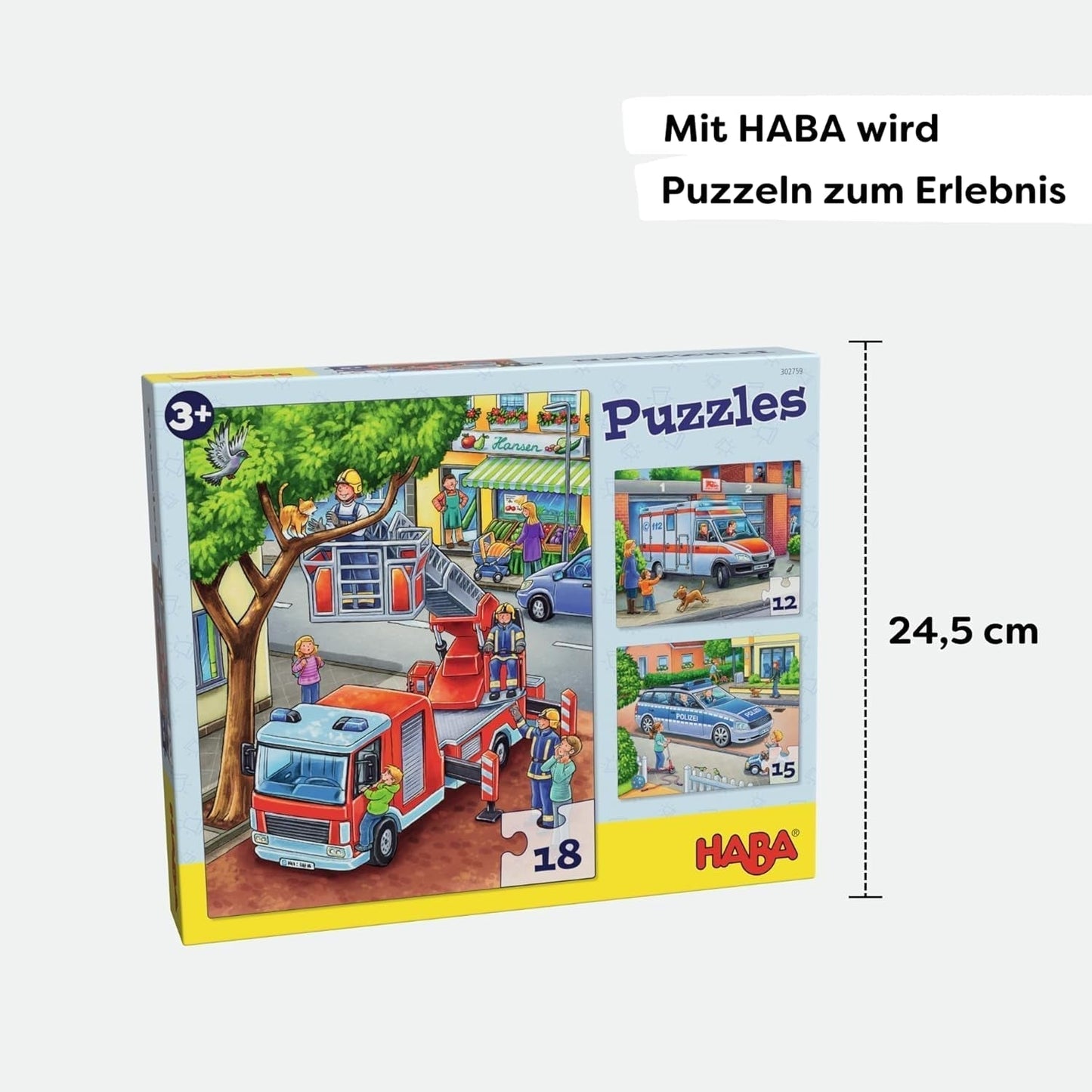 HABA Brandvæsen puslespil - 3-delt sæt til børn fra 3 år og opefter Politi og ambulance pappuslespil - fremmer finmotorik og koncentration - 1302759001 Puslespil Naty Shop
