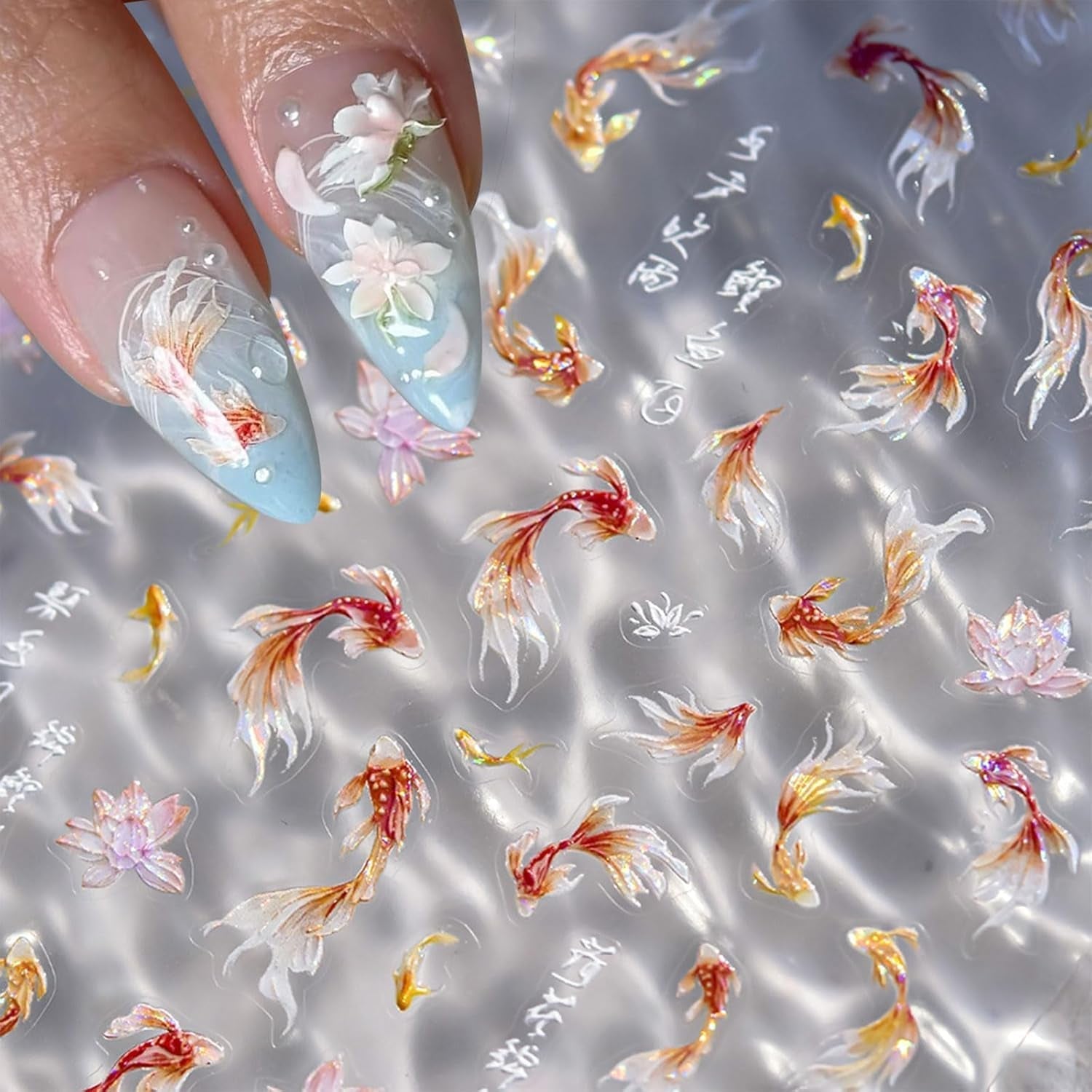 JMEOWIO 3D Nagelsticker Koi Fisch Nail Art Sticker Selbstklebend Nagelaufkleber 5D Stereoskopisk Dekoration Nageldesign Tilbehør 1 Blatt