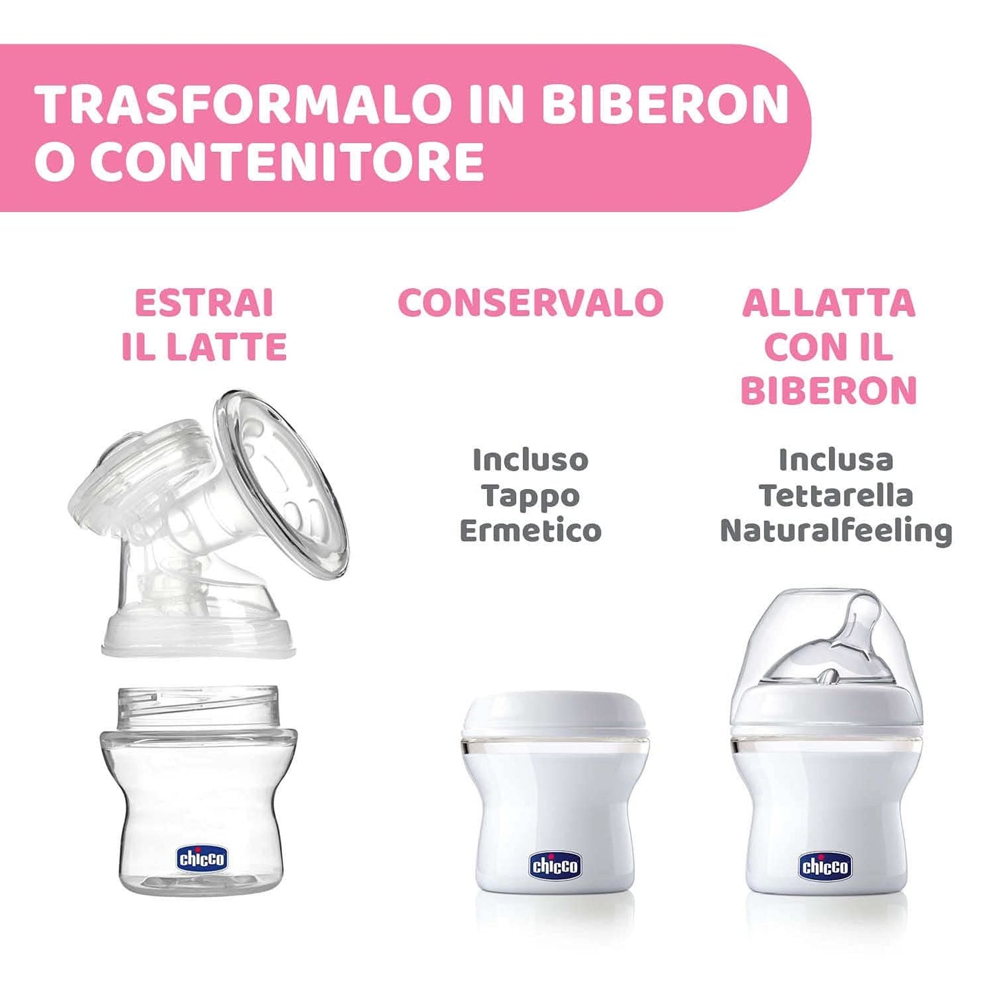 Chicco elektrisk brystpumpe med stimulerings- og ekstraktionsfaser, 10 intensitetsniveauer, behagelig og hurtig, ergonomisk form, med skrå patte og stram hætte, hvid, 150 ml Tilbehør Mad og amning Bebe Naty Shop
