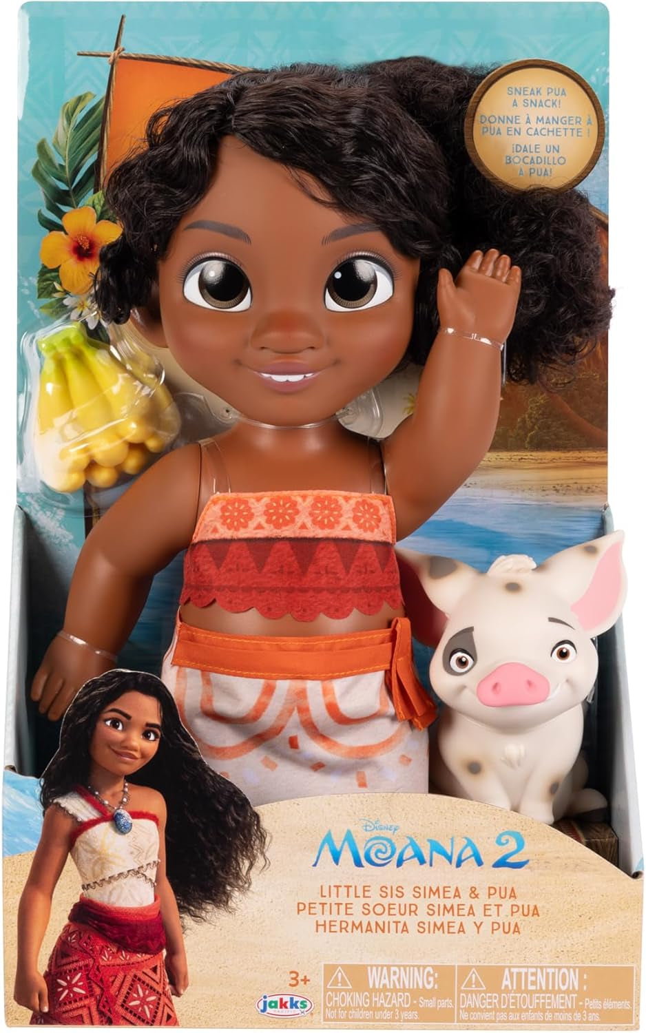 Jakks Pacific Moana 2 Lillesøster Simea Dukke og Pua figurlegesæt 27 cm højt, inkluderer 1 dukketøj, 1 Pua, 1 plastikbananbundt, anbefales til 3 år og opefter